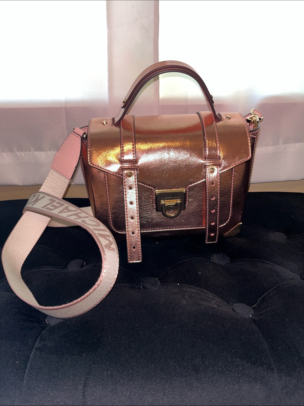 Michael Kors Metallic Rose Gold Satchel with Pink Branded Strap